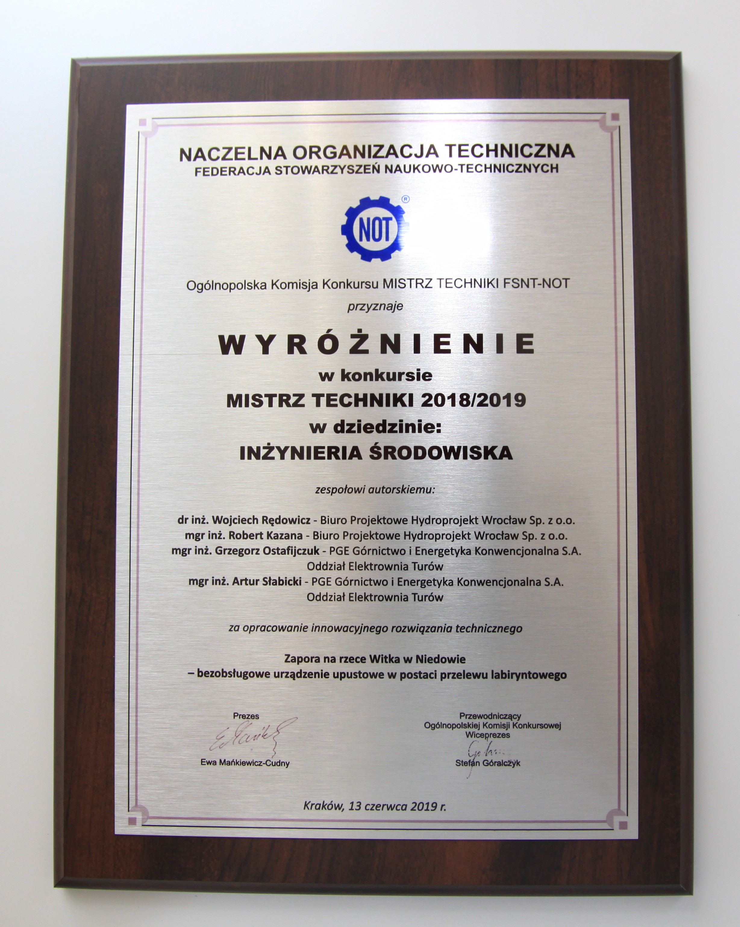 Wyróżnienie w konkursie Mistrz Techniki 2018/2019 w dziedzinie Inżynieria Środowiskowa 